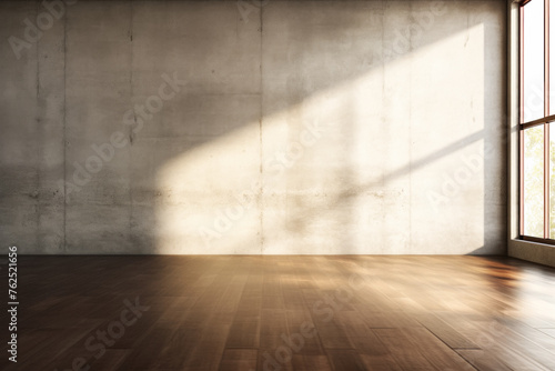 Empty room with concrete wall and sunlit wooden floor