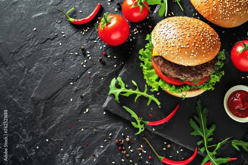 Wallpaper Mural Table top view of a delicious burger on a dark stone background. Torontodigital.ca