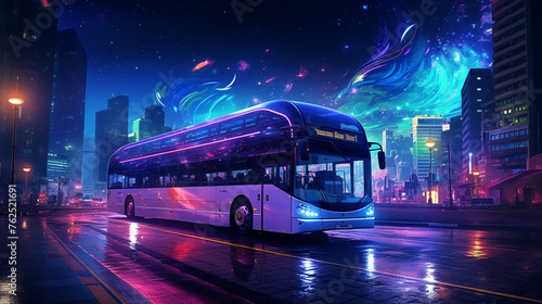 A city night bus under a starry sky, with the city's neon signs and streetlights creating a colorful HDR scene.