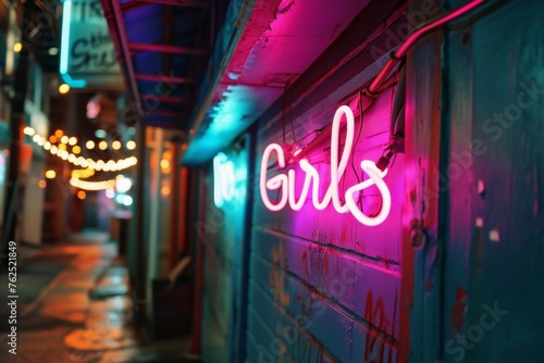 A colorful neon sign showing the word Girls on the wall of a club.