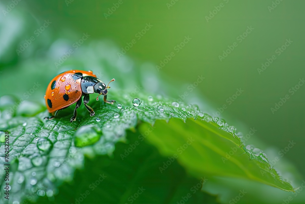 delicate ladybug on a green leaf, Macro photography of a bug