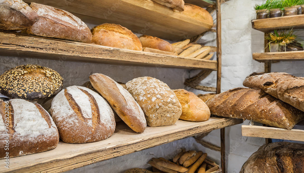 Lebensmittel, Backwaren, viele verschiedene Brote in einer Bäckerei, KI generiert