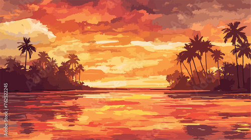 Watercolor exotic landscape of sunset at bay. Beaut