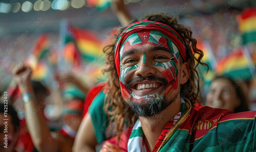 Vibrant Portrait of a Joyful male Hungary Supporter with a Hungarian Flag Painted on His Face, Celebrating at UEFA EURO 2024 - obrazy, fototapety, plakaty 