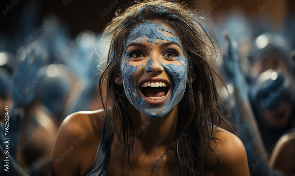 Portrait of a passionate female Scottish fan celebrating at a UEFA EURO 2024 football match, her face painted with the colors and patterns of the Scottish flag, radiating enthusiasm and national pride