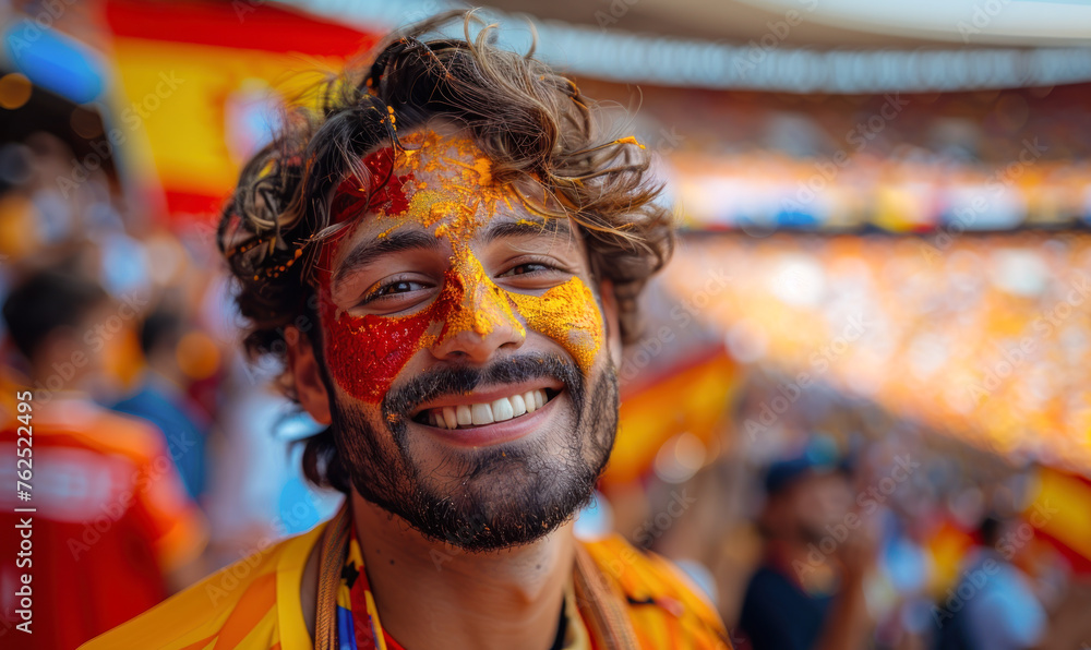 Vibrant Portrait of a Joyful male Spain Supporter with a Spanish Flag Painted on His Face, Celebrating at UEFA EURO 2024 - obrazy, fototapety, plakaty 