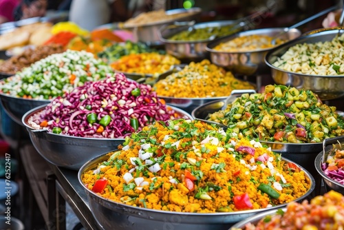 colorful array of Indian spicy street food chaat masala