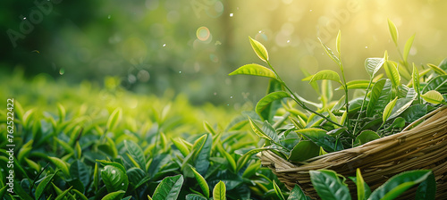 freshly picked tea leaves in a wicker basket against the background of a tea plantation