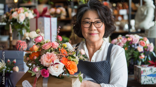 An asian woman flower shop owner smiling and holding flowers and a gift box at the store ready for delivery for Mother's Day or National Women's Day