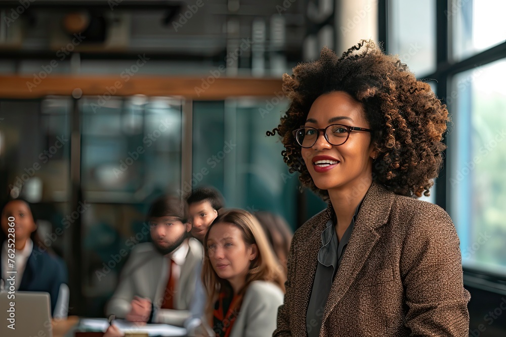 confident CEO addressing a diverse team in meeting