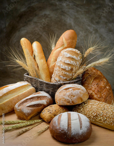 Lebensmittel, Backwaren, viele verschiedene Gebäckstücke und Brot, KI generiert