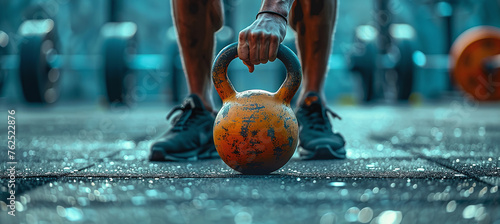 the athlete's hand lifts the kettlebell from the floor
