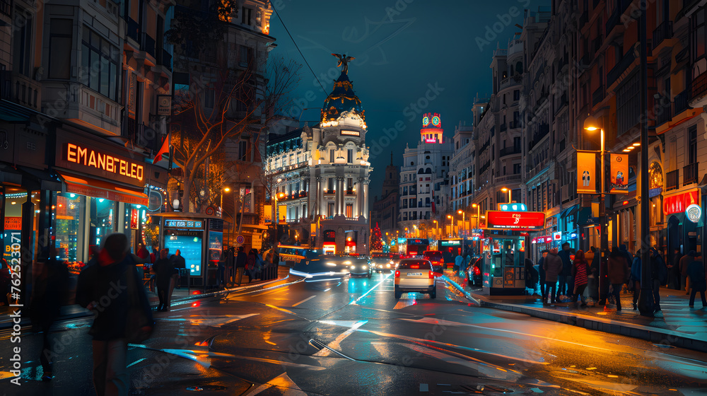 A photo of the streets of Madrid, with historical buildings as the background, during a lively night