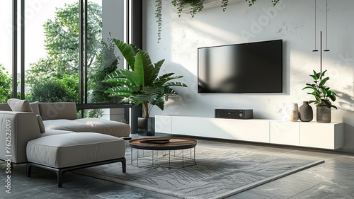Modern minimalist living room with sleek mounted TV and tranquil indoor plants © rorozoa