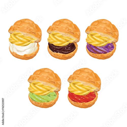 Hand drawn vector illustration of choux pastry cream puff dessert