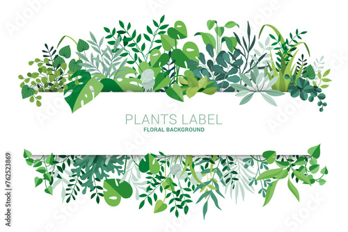 Horizontal floral frame. Tropical foliage and branches. Template for banner, card, poster, greetings, header. Vector flat illustration