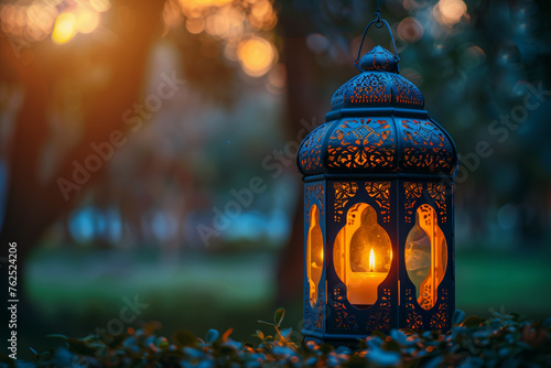 Ornamental Arabic lantern with burning candle glowing at night photo