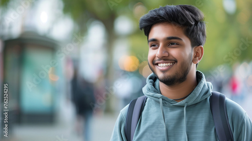 Close-up photo of a young Indian smiling man looking to the side with a confident look. Standing outside on the street with a backpack