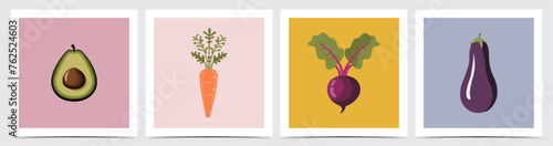 Set of flat posters, greeting cards, labels, banners with vegetables - avocado, carrot, beetroot, aubergine, eggplant on colorful backgrounds vector graphics