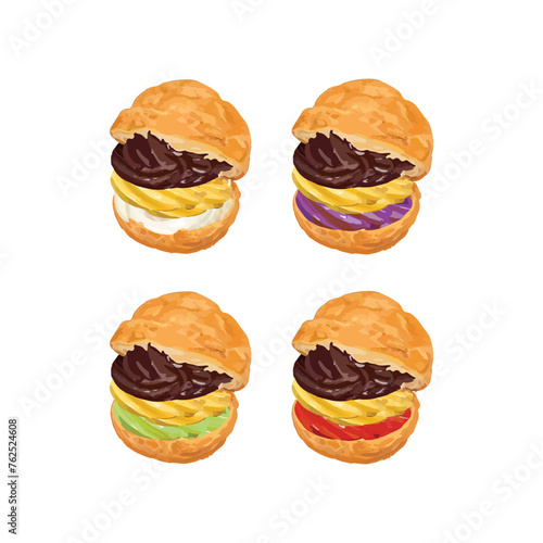 Hand drawn vector illustration of choux pastry cream puff dessert