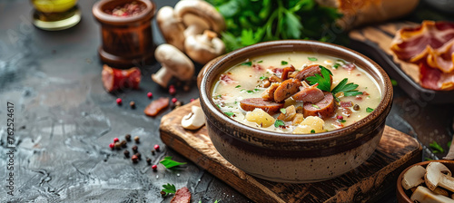 Polish white borscht with vegetables, smoked sausage, dried mushrooms and bacon