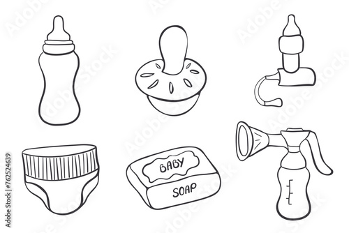 set of icons for kids goods. Feeding bottle, pacifier, aspirator, diaper, soap, breast pump vector doodle design elements.