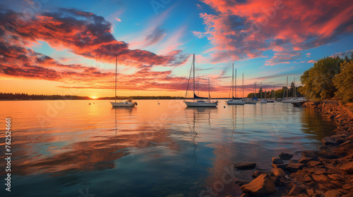 A coastal waterway in HDR, showing a vibrant sunset with sailboats anchored in the bay, and the sky's warm hues reflected in the calm waters.