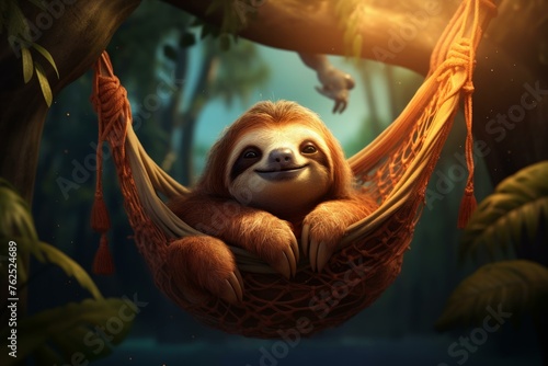 Lazy Sloth resting in hammock. Cute lazy animal sleeping in canvas cord hanging bed. Generate ai photo