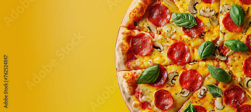 pizza on a yellow background, top view, Italian food