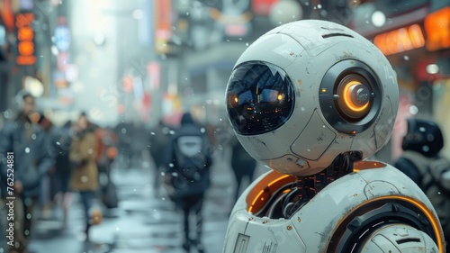 Futuristic robot in a bustling cityscape - A photorealistic sci-fi robot head close-up with detailed textures against a busy city background illuminated by lights and falling snow