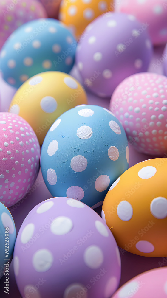 Close-up of colorful Easter eggs with polka dots. Easter decoration. Easter concept.