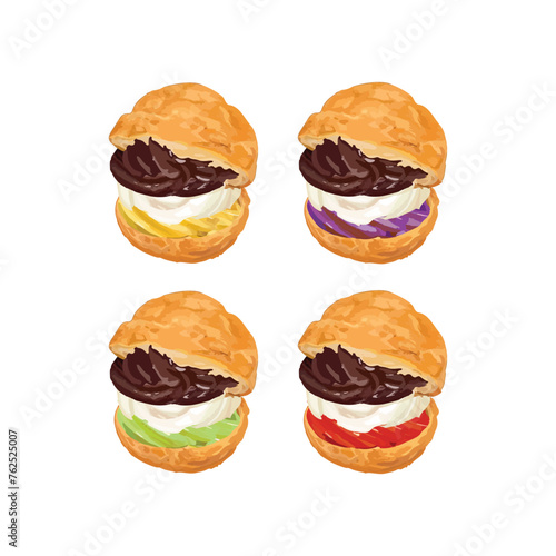 Hand drawn vector illustration of choux pastry cream puff dessert