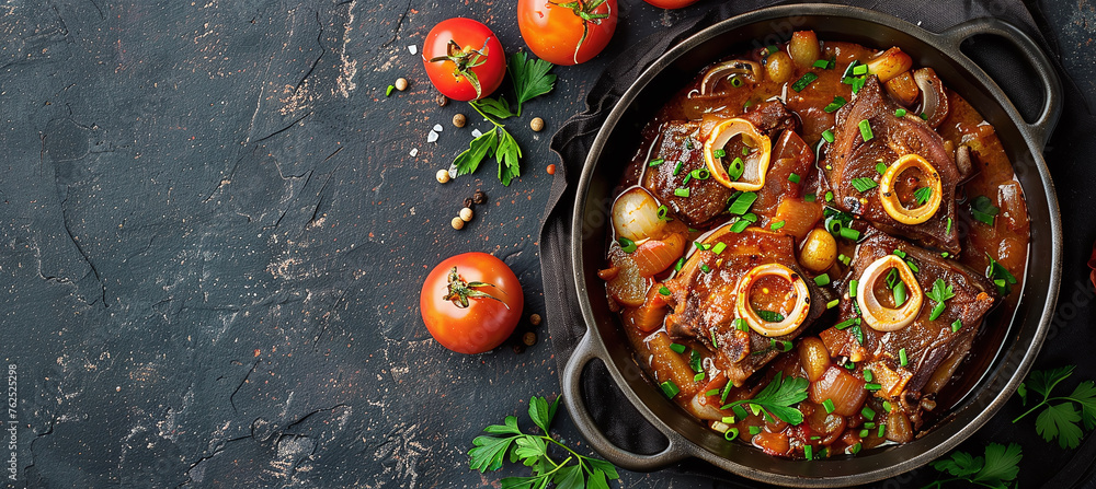 stirring osso buco in a cast iron pot