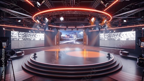 Modern stage with vibrant lighting - A dynamic, high-tech stage setup with bright circular lighting and screens showcasing urban images