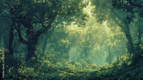 Mystical forest scene with ethereal light rays - An enchanting forest with glowing light streaming through dense foliage, creating a surreal and peaceful atmosphere