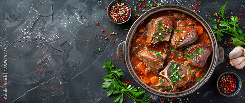 stirring osso buco in a cast iron pot photo