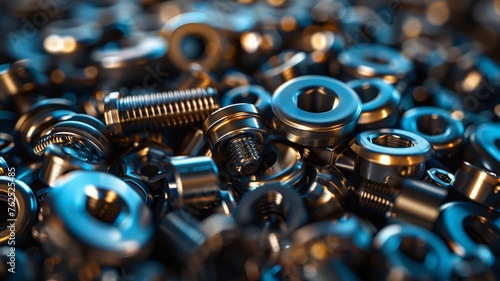 High detail close-up of shiny metal fasteners piled together with a neutral background photo