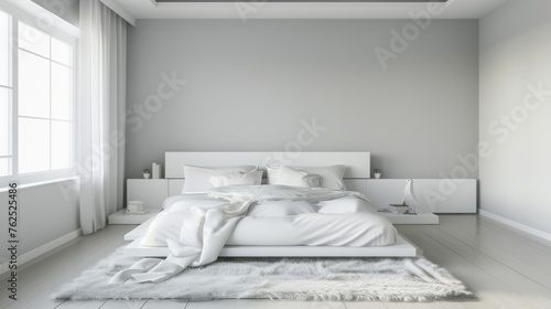 Chic Modern Bedroom with White Platform Bed and Soft Gray Walls