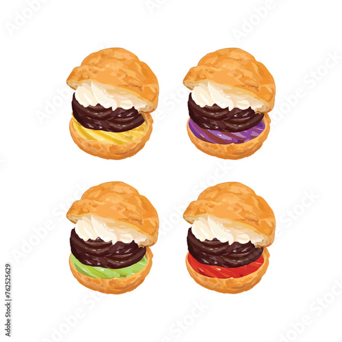 Hand drawn vector illustration of choux pastry cream puff dessert
