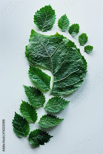 A representation of a human footprint with green leaf texture on a white background. Footprint print made with organic green leaf in ecology concept.
