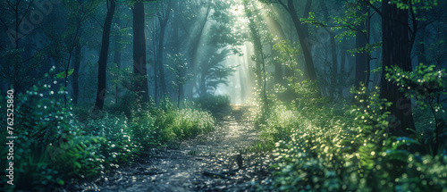 Sunlit Forest Path  Misty Morning Light Through Trees  Serene Nature Walk
