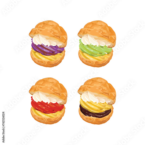 Hand drawn vector illustration of choux pastry cream puff dessert