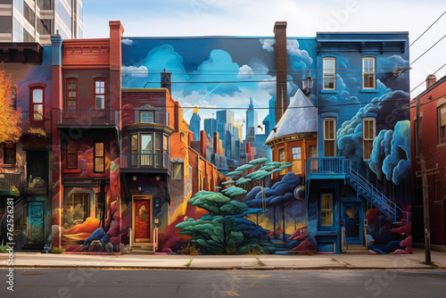 Indulge your senses in the vibrant tapestry of a city street art mural alive with energy. photo