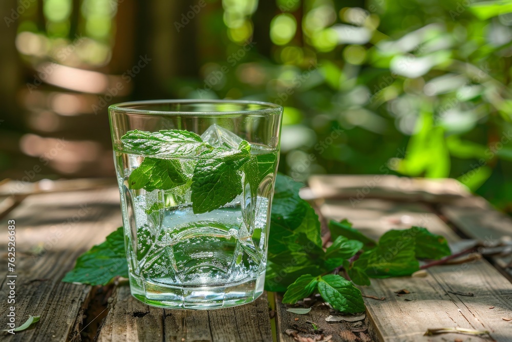 Glass with natural mint drink with a lot of ice and mint leaves on a wooden table in the woods. Front view. Horizontal composition. Glass with natural mint drink with a lot of ice and mint leaves on a wooden table in the woods. Front view. Horizontal composition.