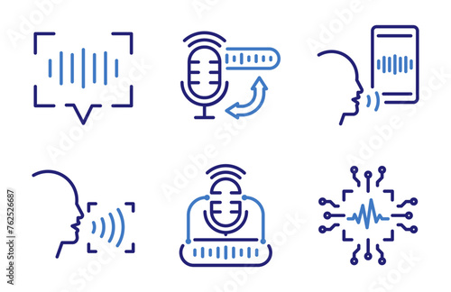 Speech and voice recognition Icon Set. Advanced voice technology. Thin line illustrations. Voice recognition, text-to-speech, and AI Artificial Intelligence. Graphic elements for digital communication