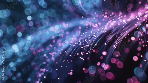 Close-up of a bundle of optical fibers on a futuristic, technological background