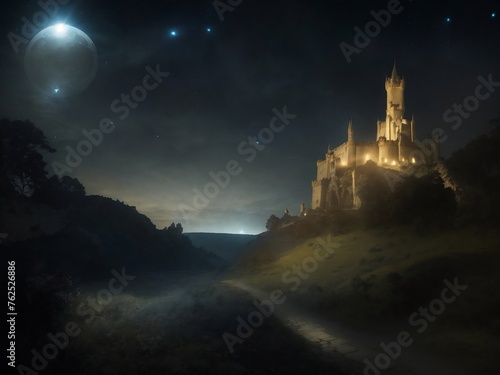 "Astral Sentinels: Celestial Guardians Watch Over Majestic Medieval Castle"