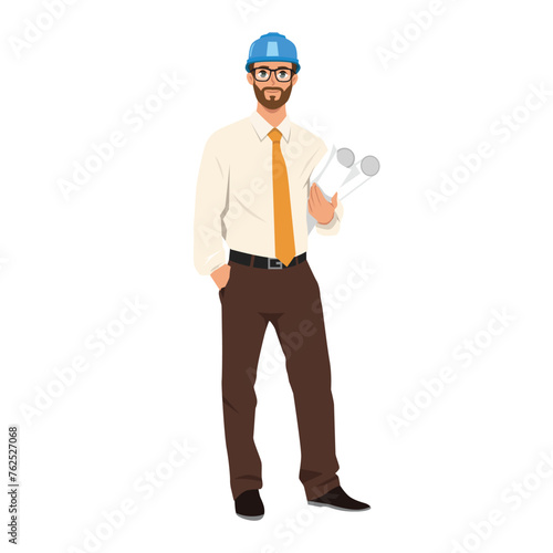 Happy industrial worker in uniform and hard hat holding building plan. Flat Vector Illustration Isolated on White Background