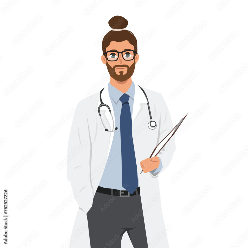 Smiling Man Doctor or Physician in Uniform Standing with Clipboard and Stethoscope. Flat Vector Illustration Isolated on White Background Smiling Man Doctor or Physician in Uniform Standing with Clipboard and Stethoscope. Flat Vector Illustration Isolated on White Background