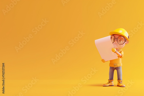 Animated Character in Construction Outfit Reviewing Plans.